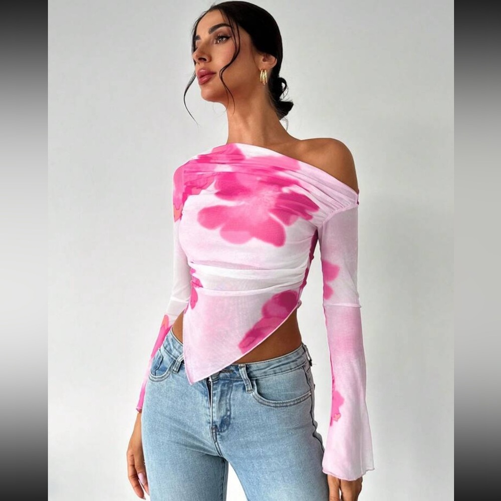 Off-Shoulder Pink Floral Mesh Asymmetrical Top Stretchy
